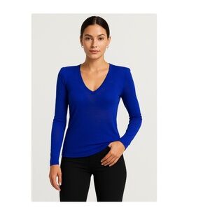 AKRIS Cashmere Silk V Neck Top Blue Long Sleeve Womens 12